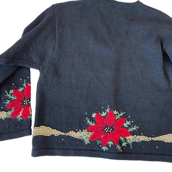 Design Options Cardigan Holiday Poinsettia Floral Black Beaded Size Large VTG - Picture 8 of 12